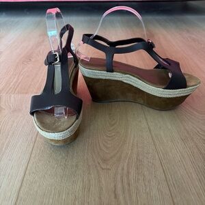 Sergio Rossi Brown Platform Wedge Sandals Leather Suede Raffia size 41